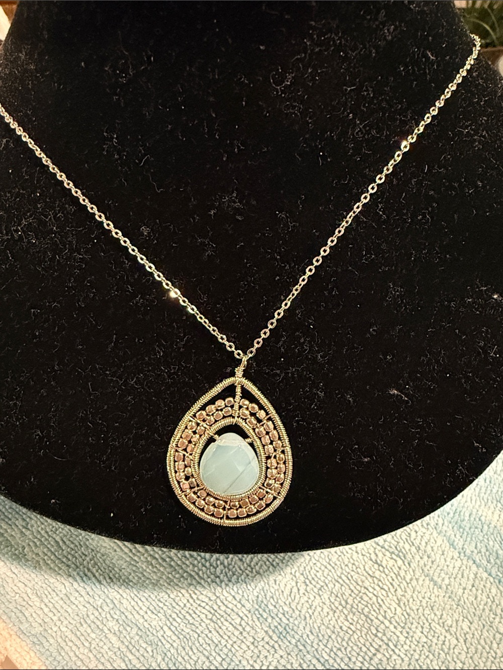 Silver and blue quartz colored stone necklace